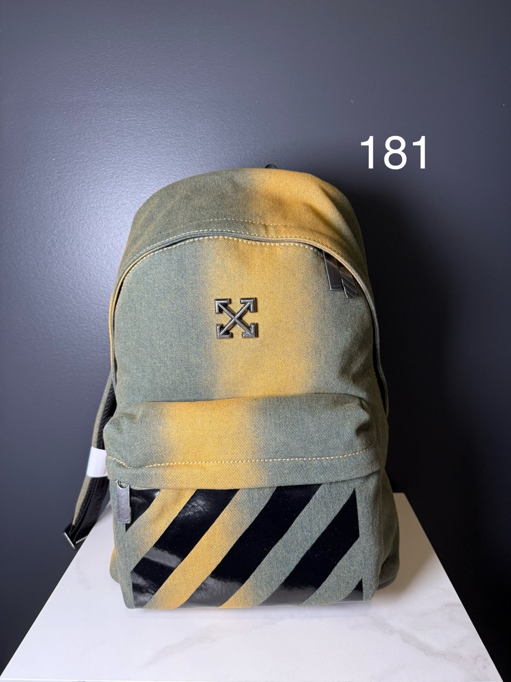 Off-White Green and Yellow Diagonal-Stripe Backpack